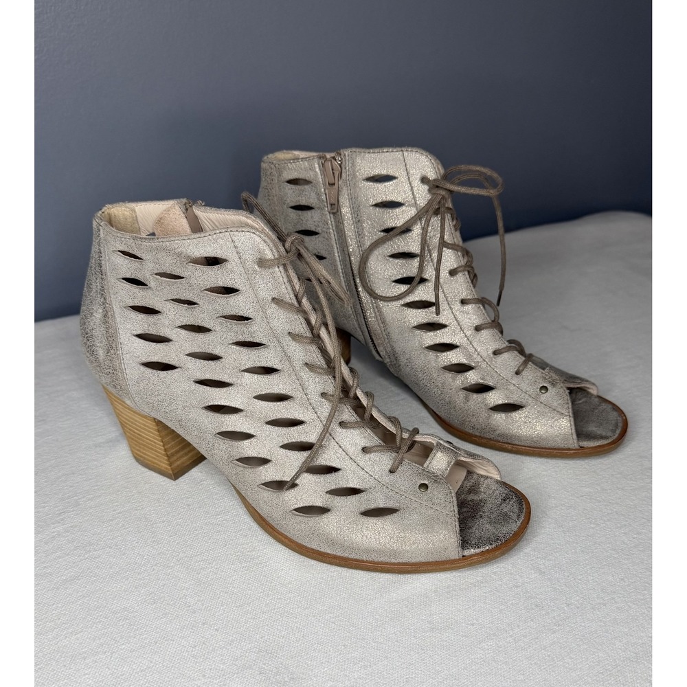 Paul Green Sandals Women US 7.5 Silver Cutout Lace Up Peep Toe Block Heel Bootie